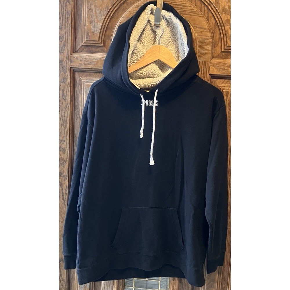 Victoria's Secret PINK Hoodie Women's Black White Sherpa Pockets Size Medium